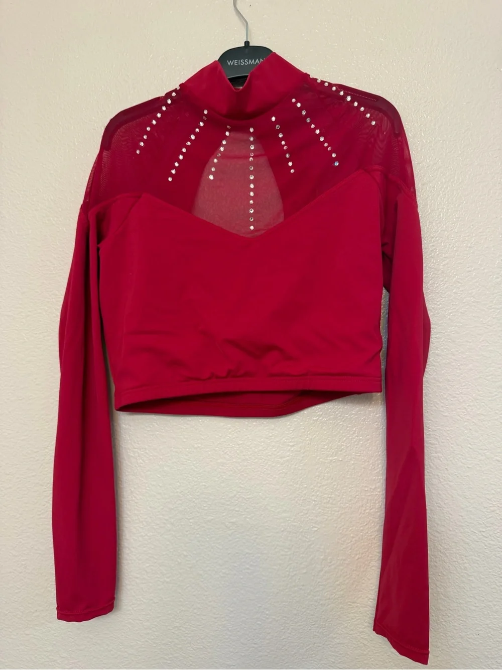 Weissman Ivy Sky dance red Crystal Mesh Crop Top Long sleeve MT11572 LA Large